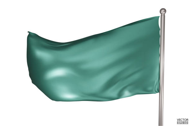 istock Blank green flag on white background. A green flag waving in the wind on the flagpole. Green flag template. 3d vector illustration. 1720766720