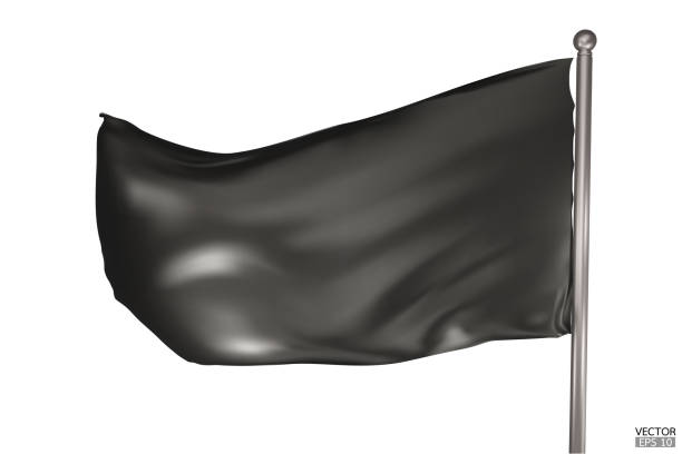 istock Blank black flag on white background. A black flag waving in the wind on the flagpole. Black flag template. 3d vector illustration. 1720769027