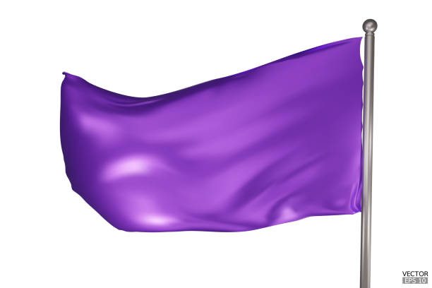 istock Blank purple flag on white background. A purple flag waving in the wind on the flagpole. Purple flag template. 3d vector illustration. 1720769030