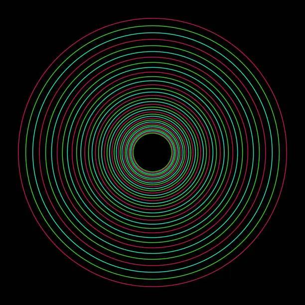 Vector illustration of Pattern of multiple concentric circles in green, turquoise, and red with diminishing central distances, crafting a visually engaging and rhythmic geometric design.