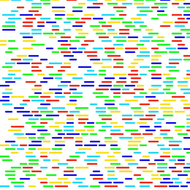 Vector illustration of High-density pattern of random, limited straight parallel lines with rounded ends, exhibited in strong colors on a white background, creating a visually dynamic and colorful display.
