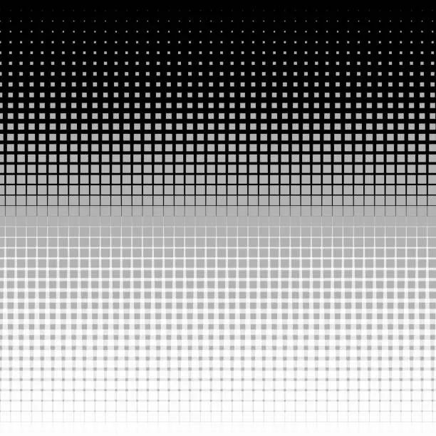 Vector illustration of Duo-tone pattern of square dots with a vertical size gradient seamlessly transitioning from black to white via gray, achieved through scaling, embodying a minimalist geometric aesthetic.