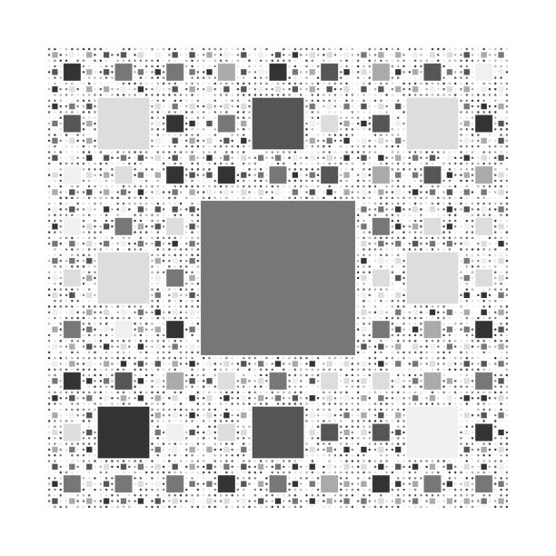 illustrazioni stock, clip art, cartoni animati e icone di tendenza di sierpinski carpet frattale a sei livelli (anno 1916), uno schema infinito di quadrati all'interno di quadrati verso l'infinito, con ogni quadrato diviso iterativamente in nove, lasciando vuoto quello centrale. - anno
