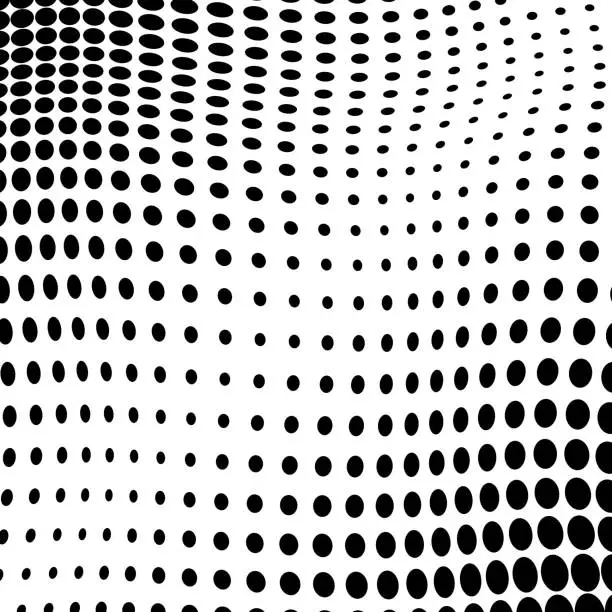 Vector illustration of Distorted 3D surface crafted from large dots in a grid pattern, manifesting a dynamic geometric visual.