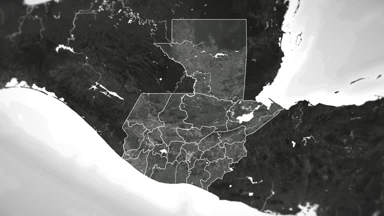 Zoom in on monochrome map of Guatemala, 4K, high quality, dark theme, simple world map, monochrome style, night, highlighted country and cities, satellite and aerial view of provinces, state, city,