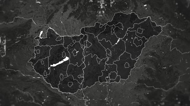 Zoom in on monochrome map of Hungary, 4K, high quality, dark theme, simple world map, monochrome style, night, highlighted country and cities, satellite and aerial view of provinces, state, city,