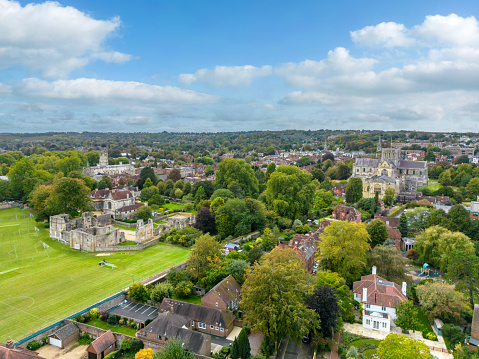 View over central Winchester with Cathedral on the skyline