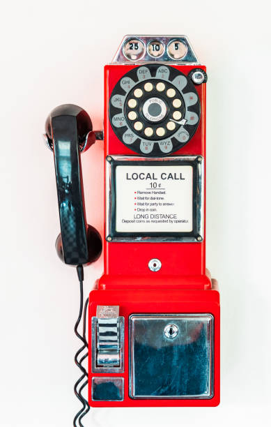 Close-up of an old-fashioned, coin operated American rotary pay phone.