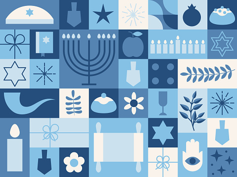 Hanukkah blue background with wooden dreidels, donuts, gift boxes and menorah (traditional Candelabra). Happy Hanukkah, Jewish holiday background