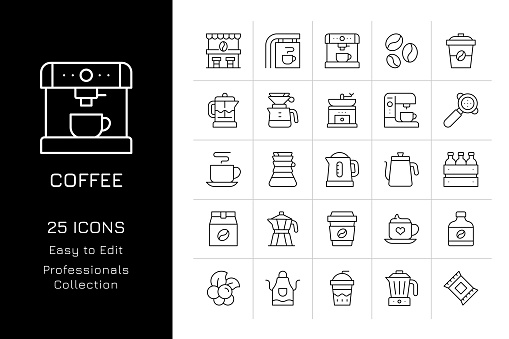 Coffee Editable Stroke Vector Icon Set.