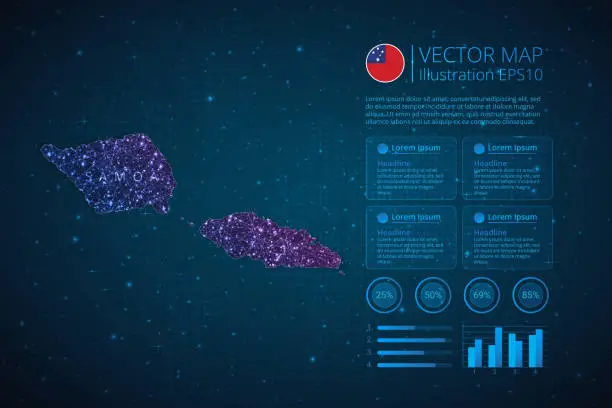 Vector illustration of Samoa map infographics template for diagram, graph, presentation and chart with abstract geometric mesh polygonal light concept on blue background