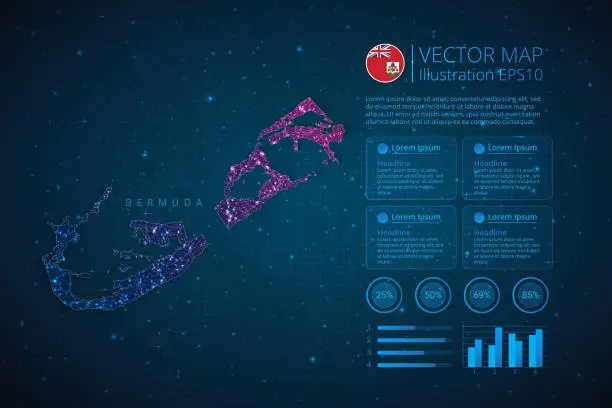 Vector illustration of Bermuda map infographics template for diagram, graph, presentation and chart with abstract geometric mesh polygonal light concept on blue background