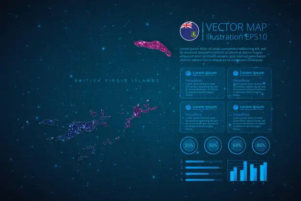 Vector illustration of British Virgin Islands map infographics template for diagram, graph, presentation and chart with abstract geometric mesh polygonal light concept on blue background