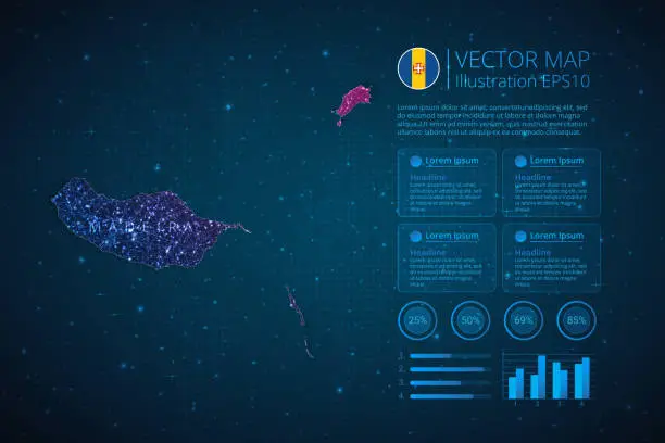 Vector illustration of Madeira map infographics template for diagram, graph, presentation and chart with abstract geometric mesh polygonal light concept on blue background