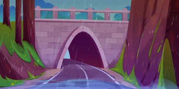 Vector illustration of Highway tunnel under bridge in rainy weather