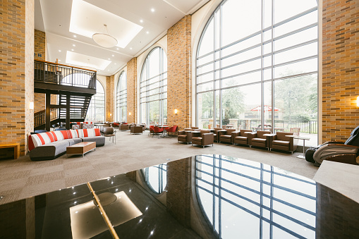 University convention center interior with large windows and very high ceilings