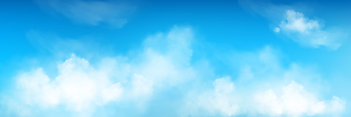 3d realistic sky background with fluffy cloud vector texture. Blue air pattern with white abstract cloudy meteorology smoky environment. Beautiful natural cloudscape with sunshine panoramic banner