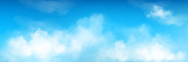 3d realistic sky background with fluffy cloud 3d realistic sky background with fluffy cloud vector texture. Blue air pattern with white abstract cloudy meteorology smoky environment. Beautiful natural cloudscape with sunshine panoramic banner light bright sky stock illustrations