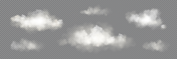 Transparent vector white cloud sky realistic set. Fog smoke png texture isolated design. Abstract cloudy air effect with day light icon collection. 3d beautiful nature atmosphere vapor smoky steam