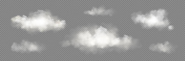 Transparent vector white cloud sky realistic set Transparent vector white cloud sky realistic set. Fog smoke png texture isolated design. Abstract cloudy air effect with day light icon collection. 3d beautiful nature atmosphere vapor smoky steam clouds stock illustrations