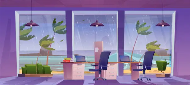 Vector illustration of Rain and sea storm wave view from office room