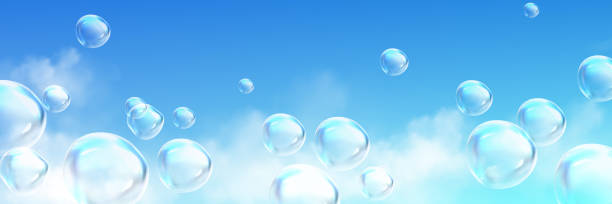 Realistic soap bubbles flying high in blue sky Realistic soap bubbles flying high in blue sky with fluffy white clouds. Vector illustration of transparent balls floating in air, laundry foam balls with glossy surface. Symbol of freedom, happiness free chore backgrounds stock illustrations