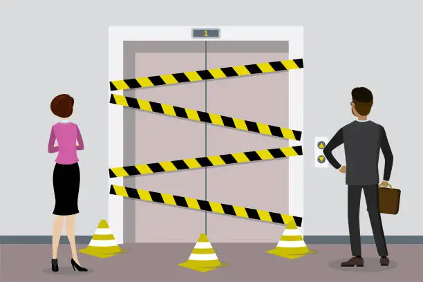 Vector illustration of Elevator not working, business people standing in front of closed lift doors and warning tapes. Employees can not get to desired floor, elevator is under repair. Movement problems.