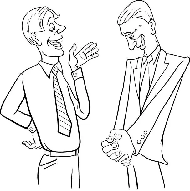 Vector illustration of cartoon two lawyers or businessmen talking coloring page