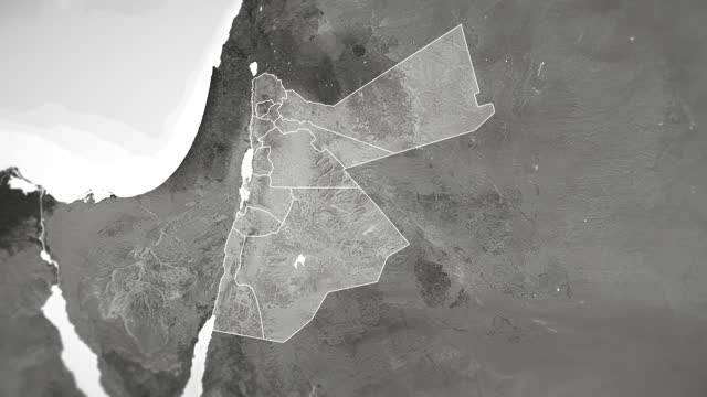 Zoom in on monochrome map of Jordan, 4K, high quality, dark theme, simple world map, monochrome style, night, highlighted country and cities, satellite and aerial view of provinces, state, city,