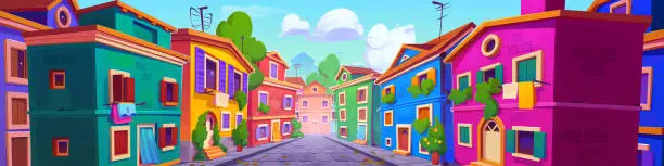 Vector illustration of Old Italian town street with colorful houses