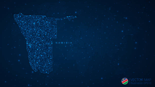 ilustrações, clipart, desenhos animados e ícones de namíbia mapa design moderno com formas poligonais no fundo azul escuro. esferas de malha wireframe de negócios de detritos voadores - map namibia vector travel locations