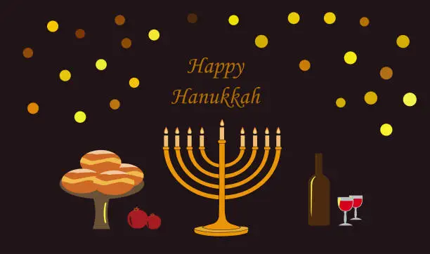 Vector illustration of Happy Hanukkah banner, template for your design. Hanukkah is a Jewish holiday. Greeting Card with Menorah, Sufganiyot, Dreidel. Vector illustration