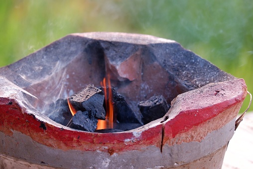 Fire in the garden at blue hour