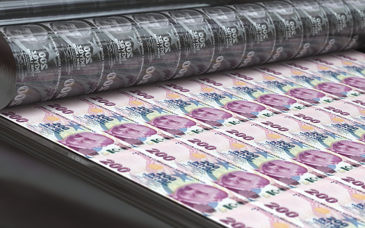 3d Render Printing Paper money on 200 Turkish Lira Front Banknote printing machine. Financial, tax, stock market and investment concept. (Depth Of Field)