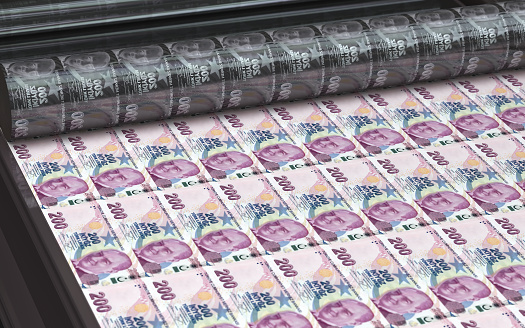 3d Render Printing Paper money on 200 Turkish Lira Front Banknote printing machine. Financial, tax, stock market and investment concept. (Depth Of Field)
