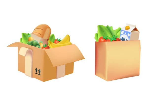 Goods in cardboard boxes. 3D packaging. Food delivery. Package, delivery boxes, cargo box. Cargo distribution, export Goods in cardboard boxes. 3D packaging. Food delivery. Package, delivery boxes, cargo box. Cargo distribution, export boxes, return parcel icons. 3D Craft paper bag food for takeaway stacking food containers stock illustrations
