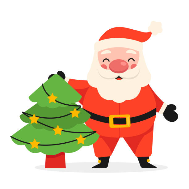 мультяшный дед мороз стоит рядом с елкой. с рождеством. векторная графика. - christmas present senior men surprise gift box stock illustrations