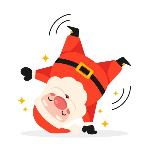 ilustrações de stock, clip art, desenhos animados e ícones de cartoon santa claus tumbles and stands on his hands. merry christmas. vector graphic. - christmas present senior men surprise gift box