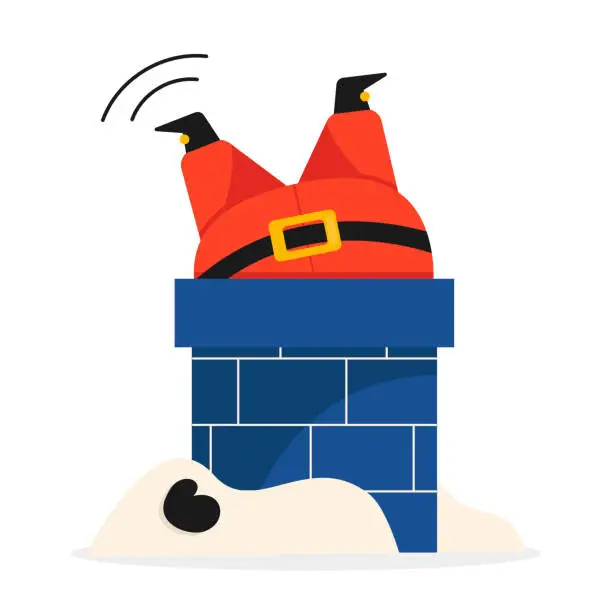 Vector illustration of Cartoon Santa Claus walks around stuck in the chimney. Merry Christmas. Vector graphic.