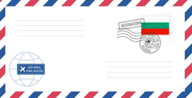 ilustrações de stock, clip art, desenhos animados e ícones de blank air mail envelope with bulgaria postage stamp. postcard vector illustration with bulgarian national flag isolated on white background. - air mail mail envelope blank