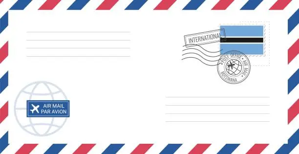 Vector illustration of Blank air mail envelope with Botswana postage stamp. Postcard vector illustration with Botswanan national flag isolated on white background.