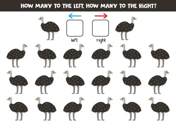 Vector illustration of Left or right with cute cartoon emu ostrich. Logical worksheet for preschoolers.