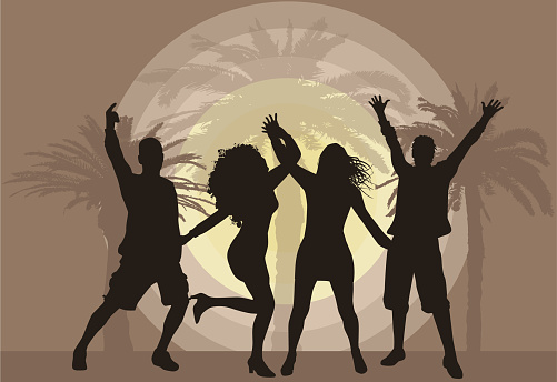 Dancing silhouettes of people under the palm trees.