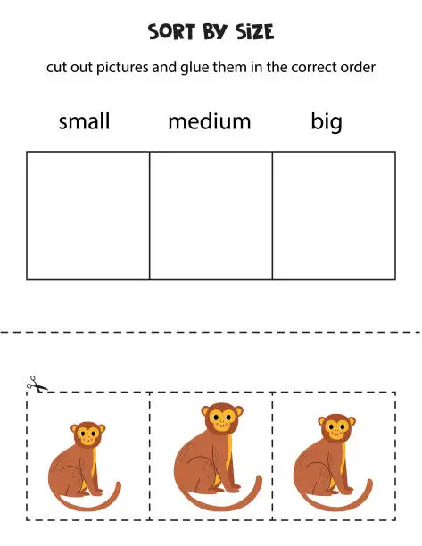 Vector illustration of Sort cute brown monkey by size. Educational worksheet for kids.