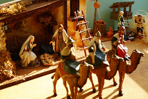 Nativity scene is a representation of the birth of Jesus, Traditional Christmas decorations celebrating the birth of Jesus in Italian churches and homes.