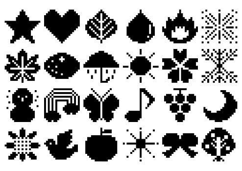 Retro icon set of pixel art. 24 isolated cute items. Vector illustration. Star, heart, weather, fruits, flowers, etc. Black and white design.