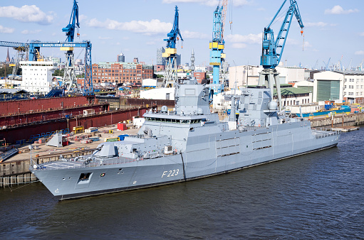 Hamburg, Germany - June 4, 2017: ‘Nordrhein-Westfalen’ (F223) the second of four 125-class guided missile frigates for the German Navy, fitting out at Blohm+Voss shipyards.