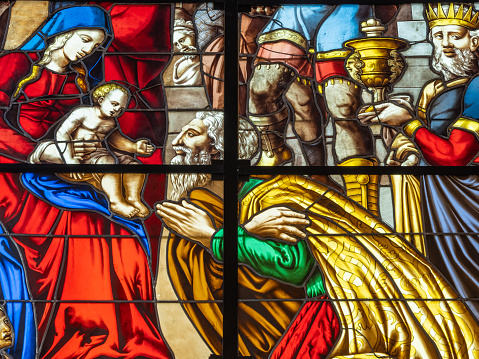 Old stained glass window in the cathedral of Segovia. The adoration of kings. Pierres de Chiberri, 1547