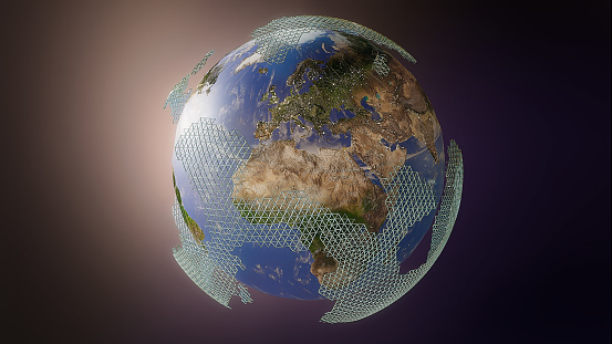 High quality 3D rendered image, made from ultra high res 20k textures by NASA: https://visibleearth.nasa.gov/images/55167/earths-city-lights, https://visibleearth.nasa.gov/images/73934/topography, https://visibleearth.nasa.gov/images/57747/blue-marble-clouds/77558l