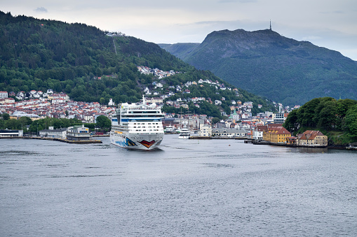 Bergen, Norway - June 6, 2017: cruise ship AIDAluna leaving Bergen